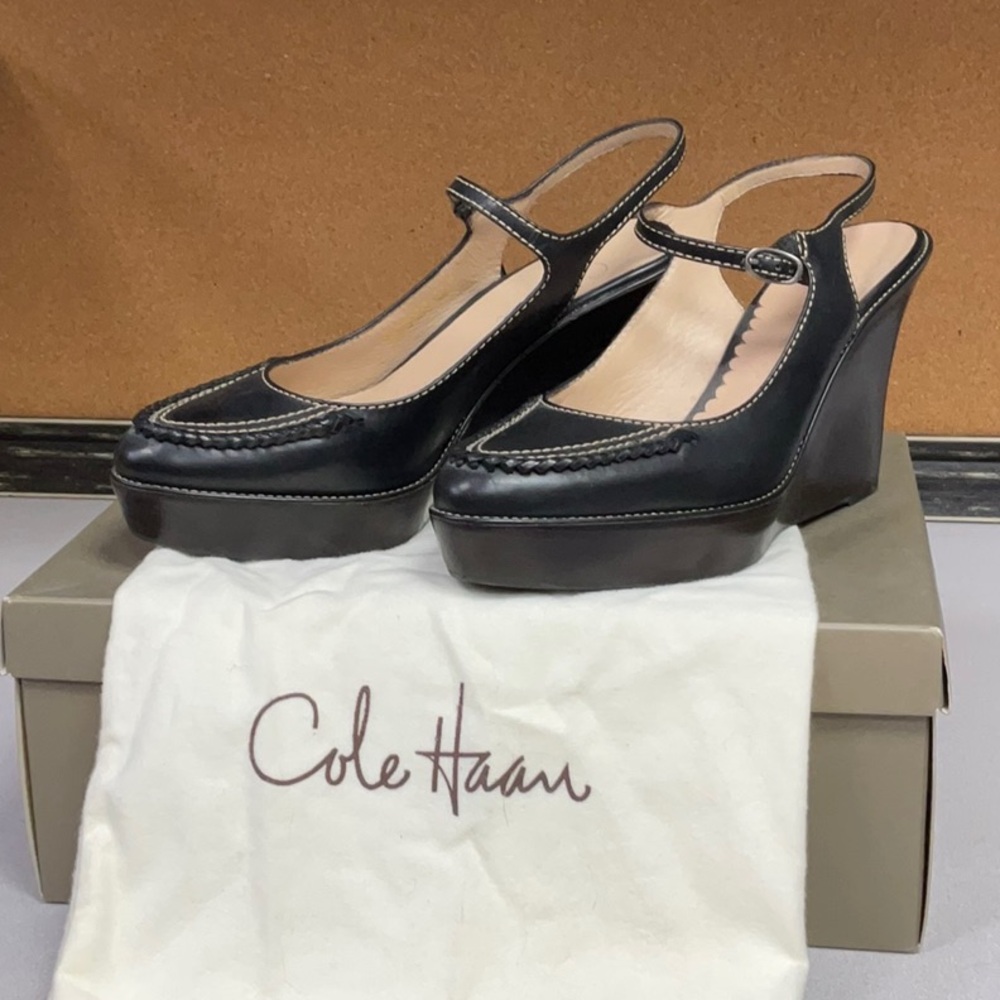 Cole Haan Black Leather Platform Mary Jane Wedge Slingbacks